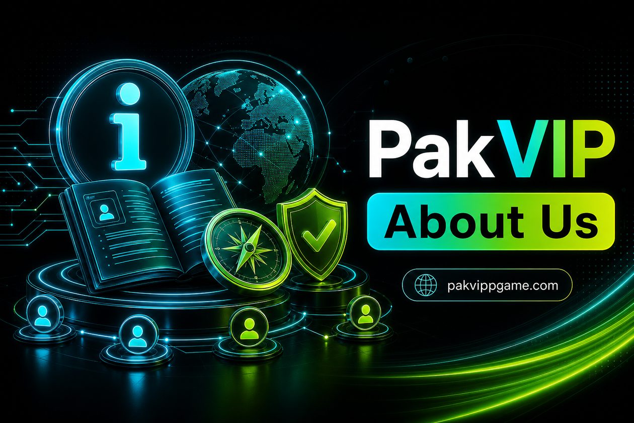 Original About PakVIP neon artwork with shield, compass and pakvippgame.com
