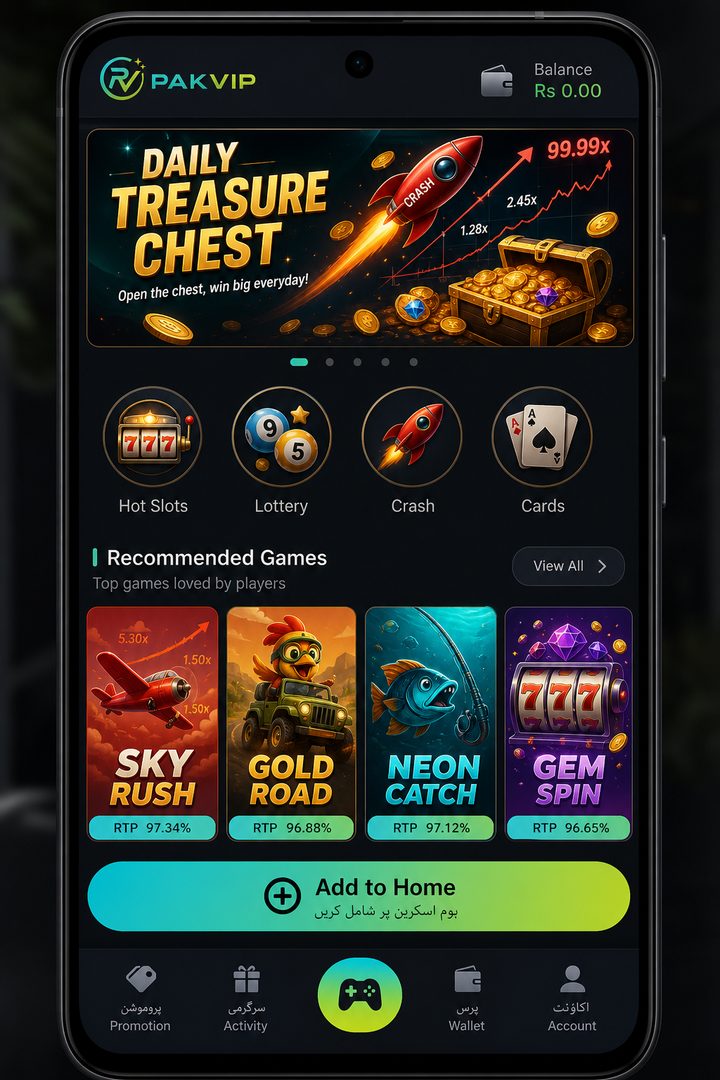 Original PakVIP Game Android lobby mockup with Sky Rush and Gold Road tiles