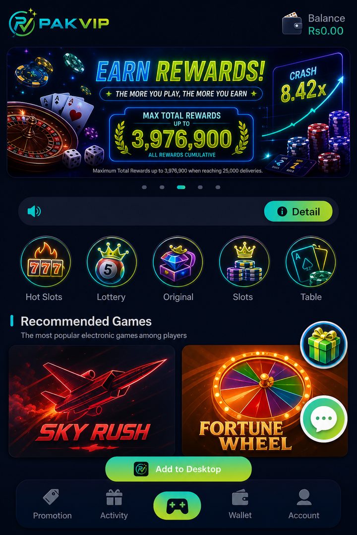 Original PakVIP lobby artwork with treasure banner and recommended games